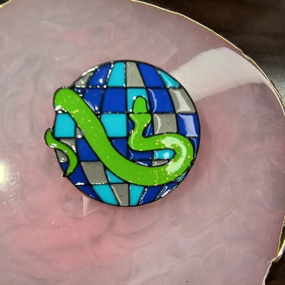 Women’s Jewelry Unique Reptile Enamel Pin - Green snake and Blue Disco ball!